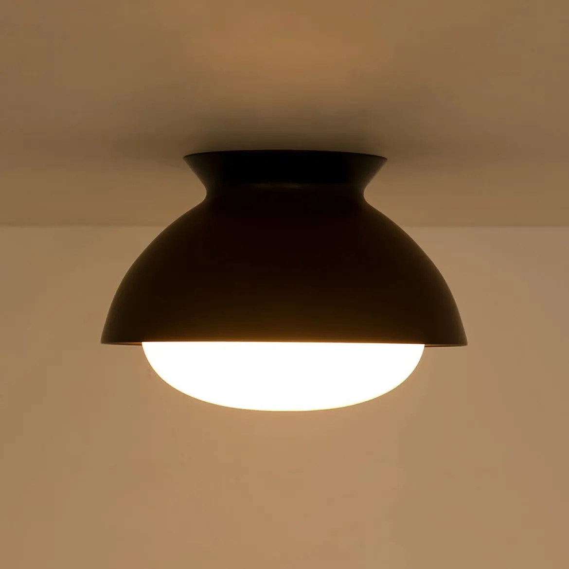 1-Light Black Dome Frosted Glass Shade Semi Flush Mount
