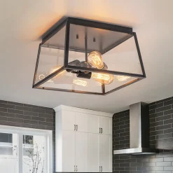 3-Light Black Square Box Clear Glass Cage Ceiling Light
