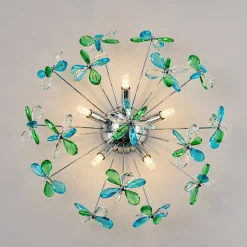 5-Light Bloom Green Blue Crystal Dandelion Semi Flush Mount
