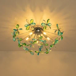 5-Light Bloom Green Blue Crystal Dandelion Semi Flush Mount