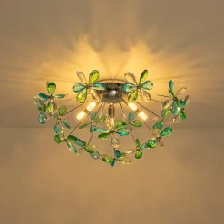 5-Light Bloom Green Blue Crystal Dandelion Semi Flush Mount