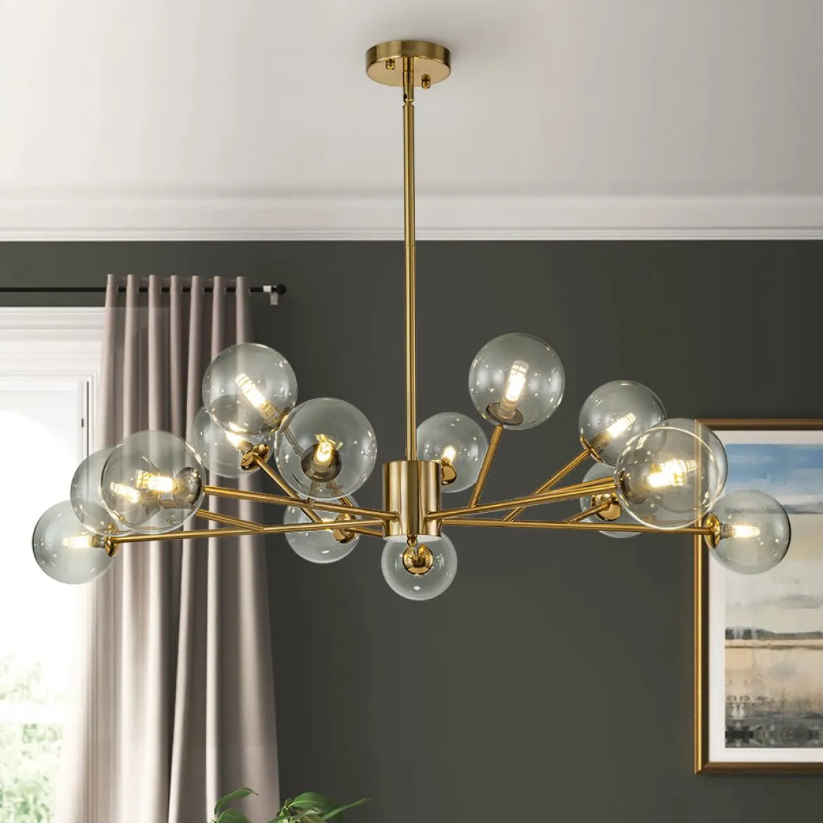 15-Light Branch Smoked Glass Globe Bubble Chandelier
