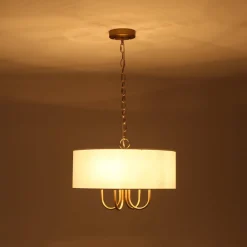 4-Light Brass Candle Style White Fabric Drum Cage Chandelier