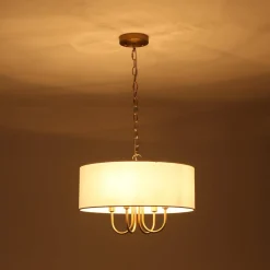 4-Light Brass Candle Style White Fabric Drum Cage Chandelier