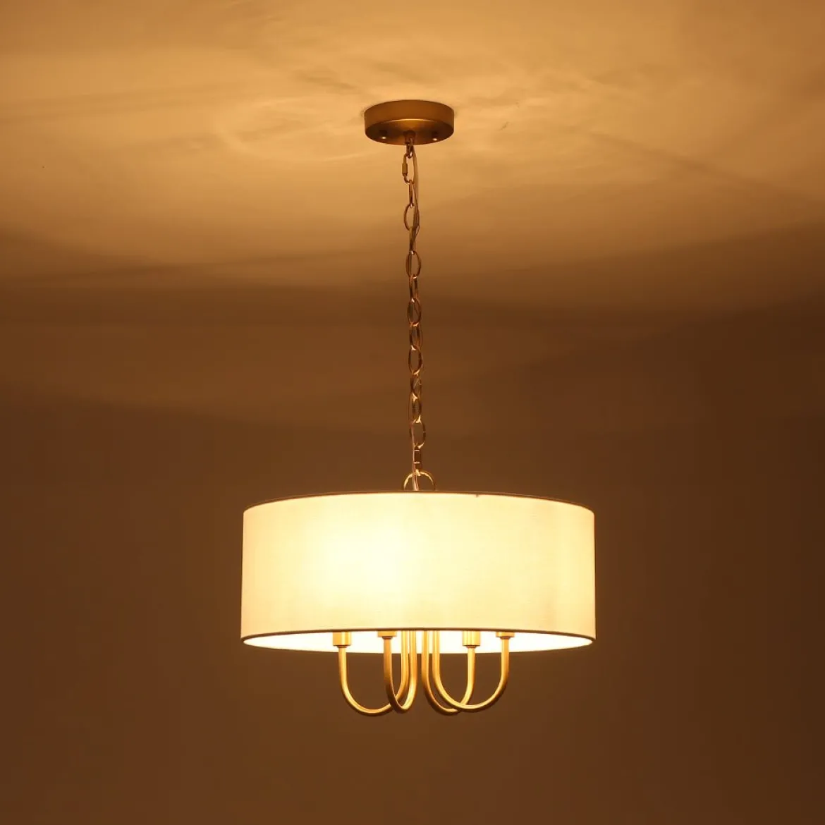 4-Light Brass Candle Style White Fabric Drum Cage Chandelier