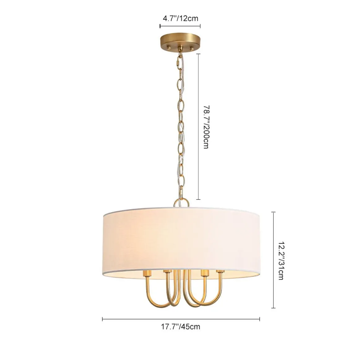 4-Light Brass Candle Style White Fabric Drum Cage Chandelier