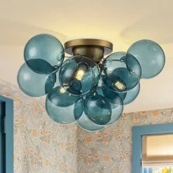 3-Light Brass Cluster Blue Glass Globe Bubble Ceiling Light