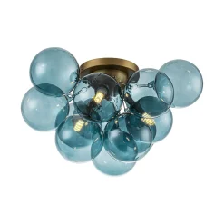 3-Light Brass Cluster Blue Glass Globe Bubble Ceiling Light