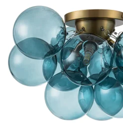 3-Light Brass Cluster Blue Glass Globe Bubble Ceiling Light