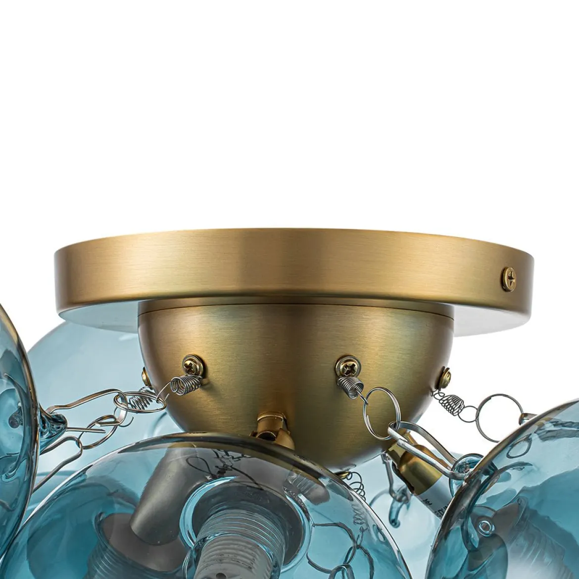 3-Light Brass Cluster Blue Glass Globe Bubble Ceiling Light