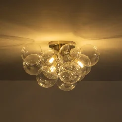 3-Light Brass Cluster Clear Glass Globe Bubble Ceiling Light