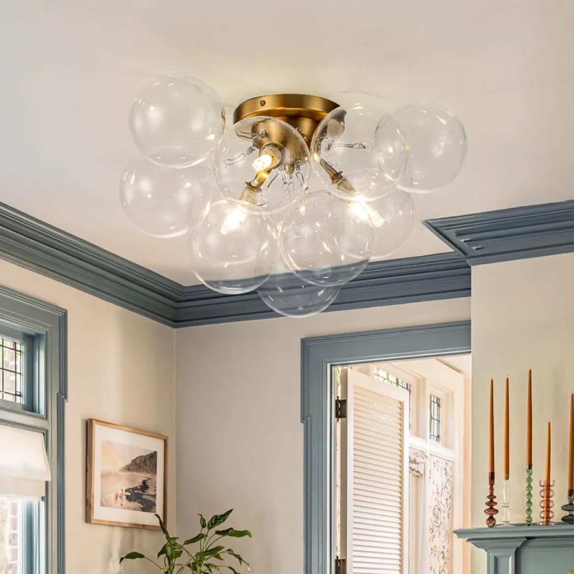 3-Light Brass Cluster Clear Glass Globe Bubble Ceiling Light