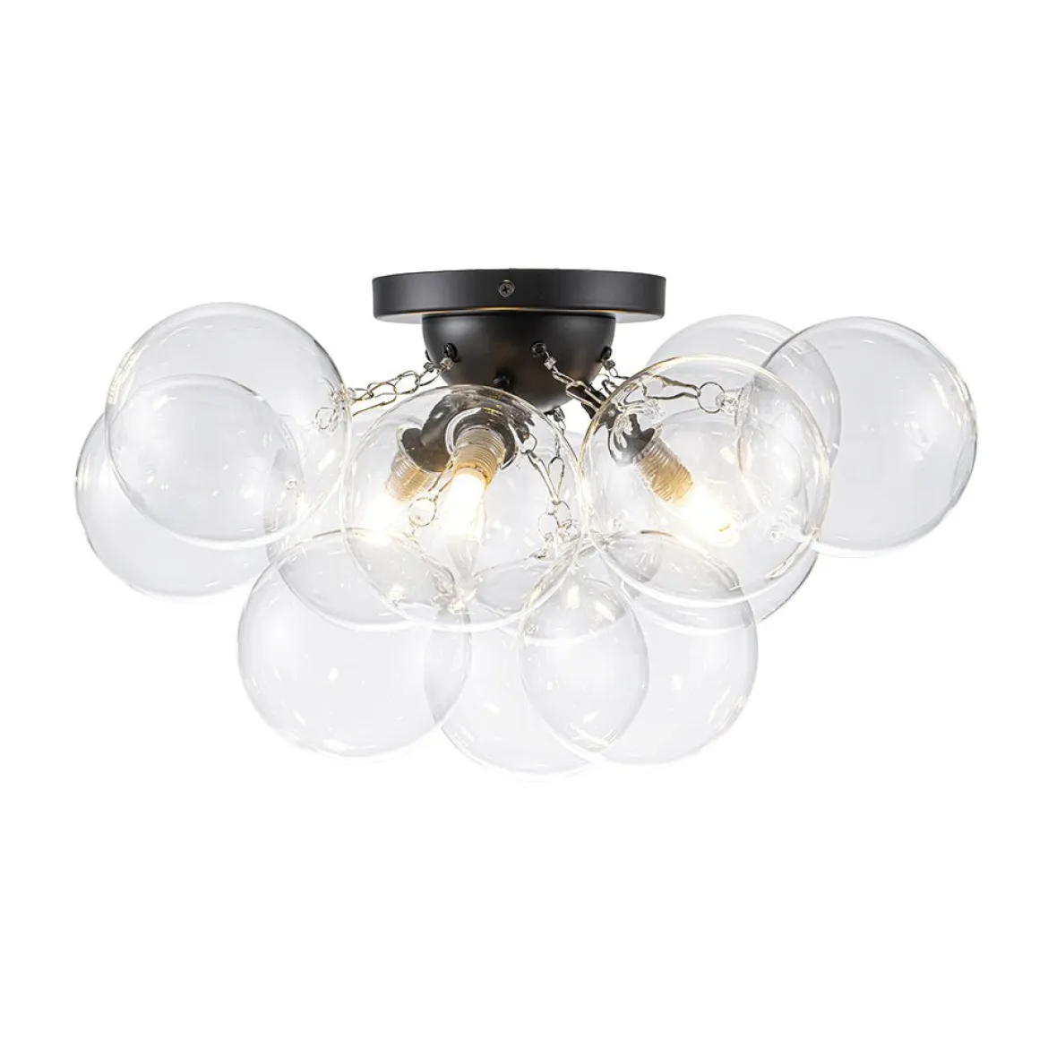 3-Light Brass Cluster Clear Glass Globe Bubble Ceiling Light