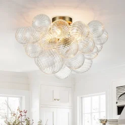 3-Light Brass Cluster Ribbed Glass Bubble Semi Flush Chandelier