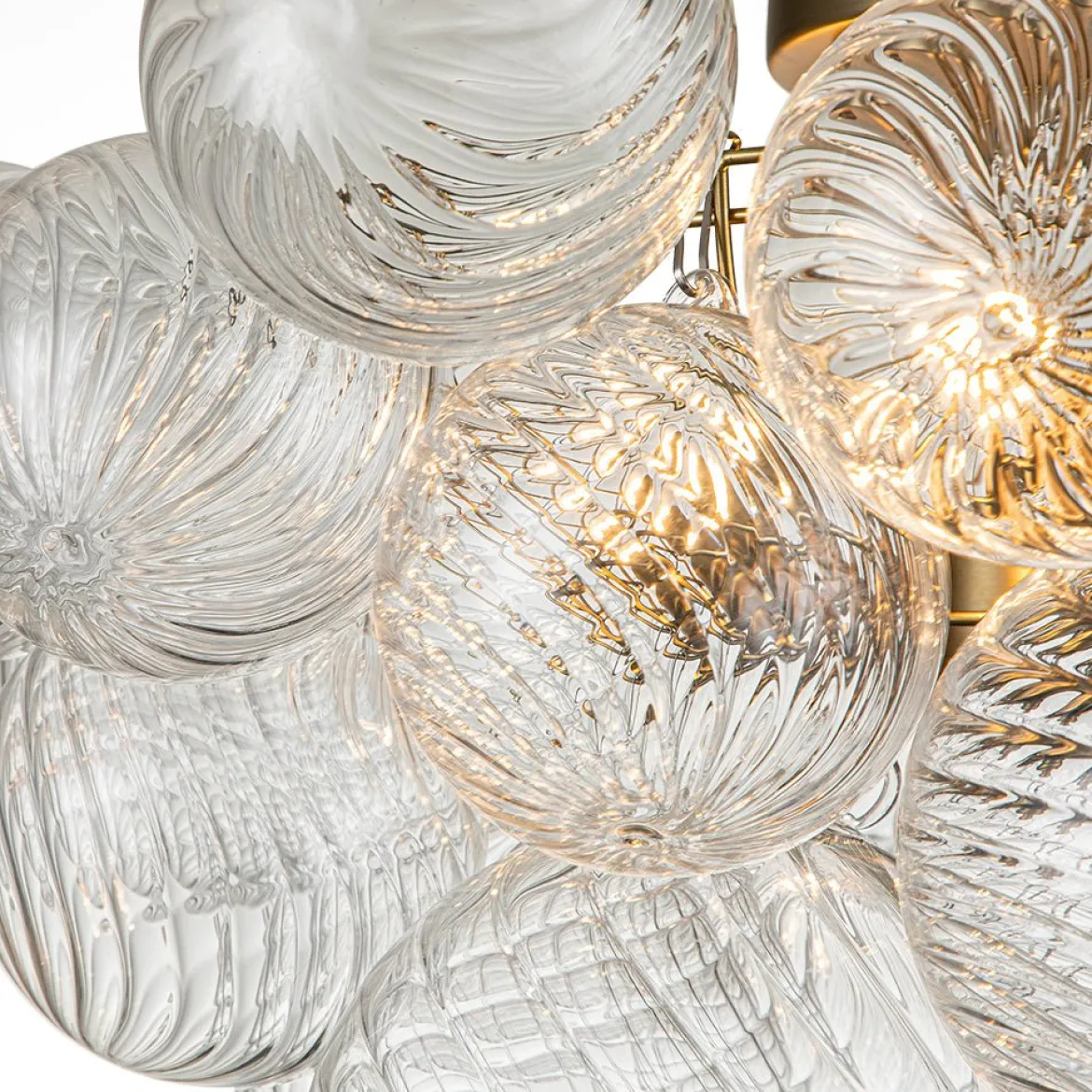 3-Light Brass Cluster Ribbed Glass Bubble Semi Flush Chandelier
