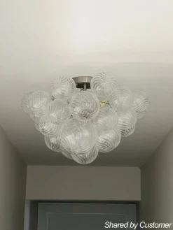 3-Light Brass Cluster Ribbed Glass Bubble Semi Flush Chandelier