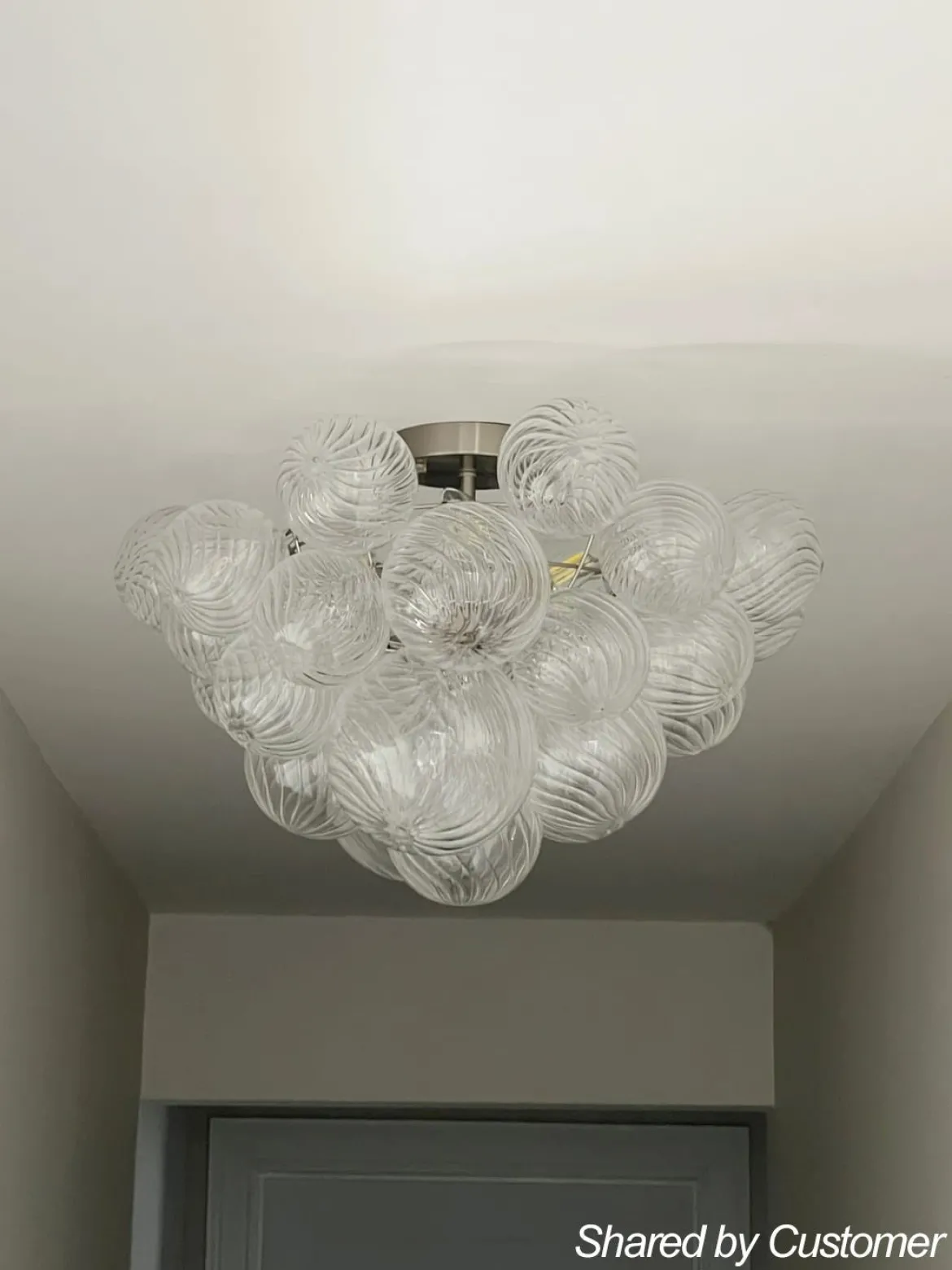 3-Light Brass Cluster Ribbed Glass Bubble Semi Flush Chandelier
