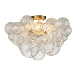 3-Light Brass Cluster Ribbed Glass Bubble Semi Flush Chandelier