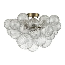 3-Light Brass Cluster Ribbed Glass Bubble Semi Flush Chandelier
