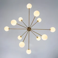 12-Light Brass Firework Opal Glass Globe Sputnik Chandelier