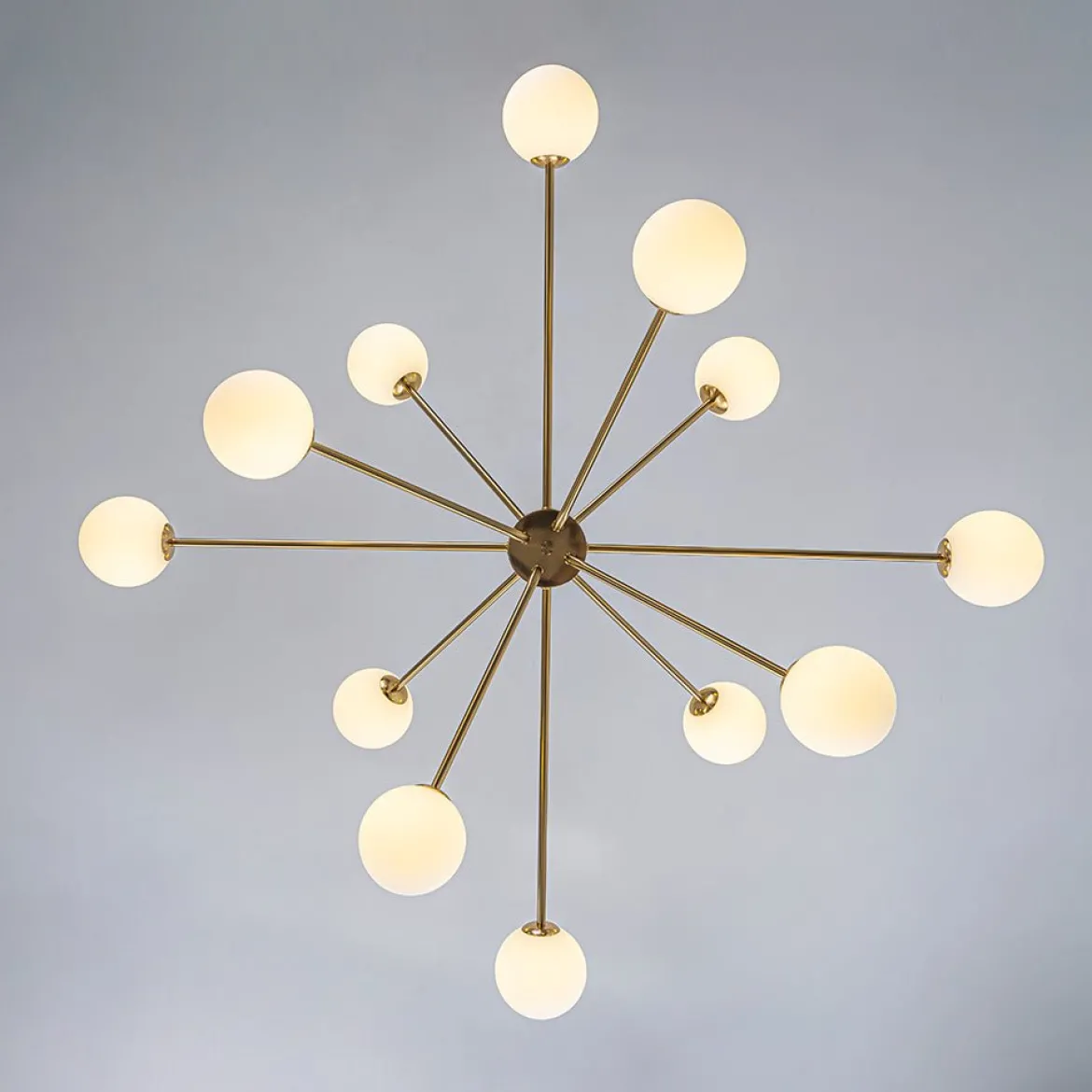 12-Light Brass Firework Opal Glass Globe Sputnik Chandelier