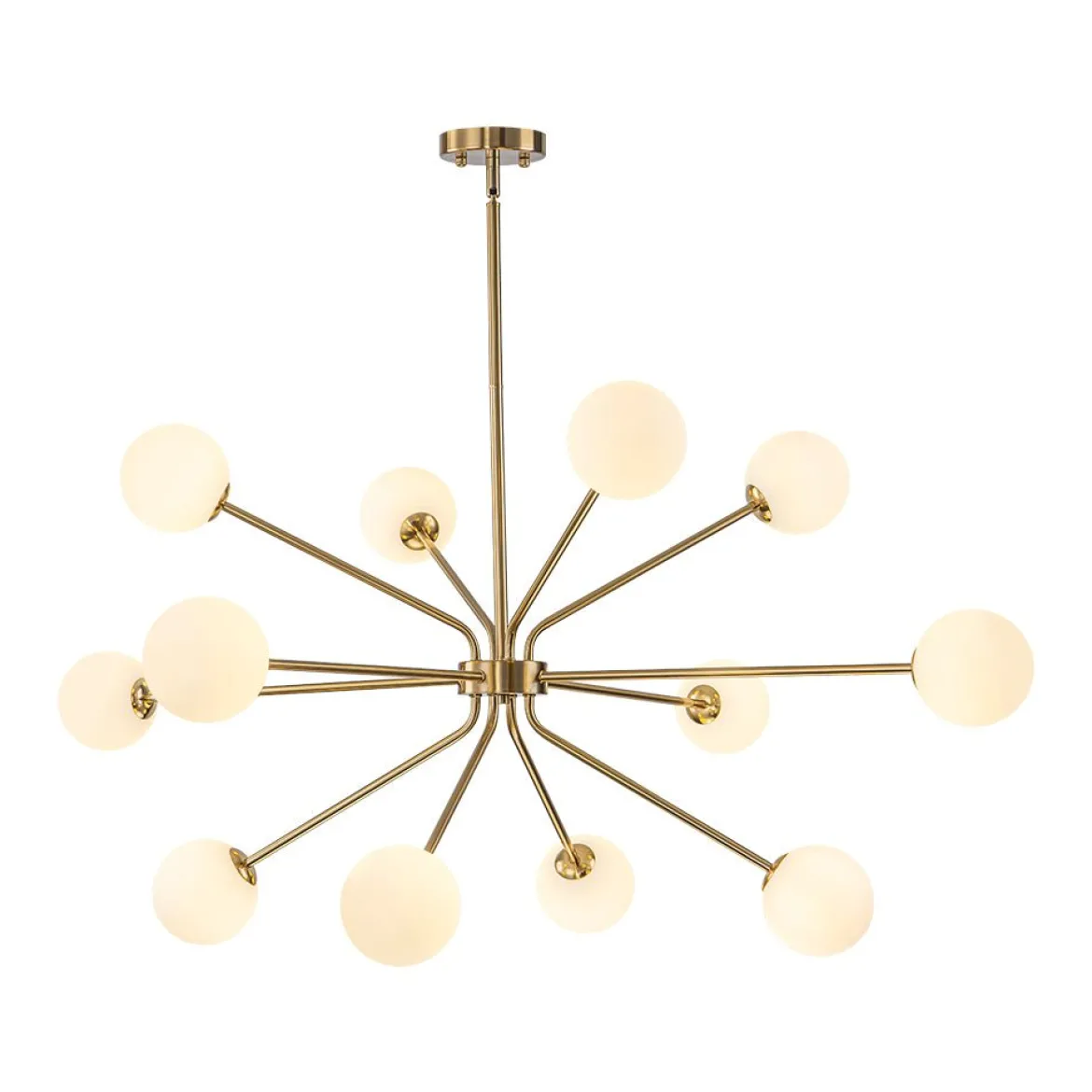 12-Light Brass Firework Opal Glass Globe Sputnik Chandelier