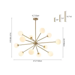12-Light Brass Firework Opal Glass Globe Sputnik Chandelier