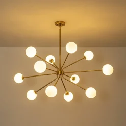 12-Light Brass Firework Opal Glass Globe Sputnik Chandelier