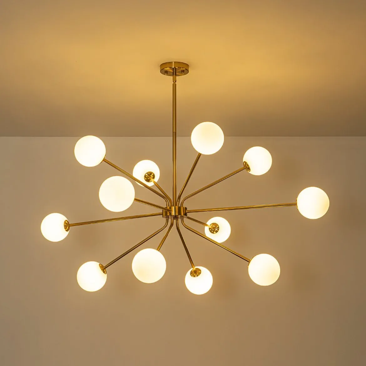 12-Light Brass Firework Opal Glass Globe Sputnik Chandelier