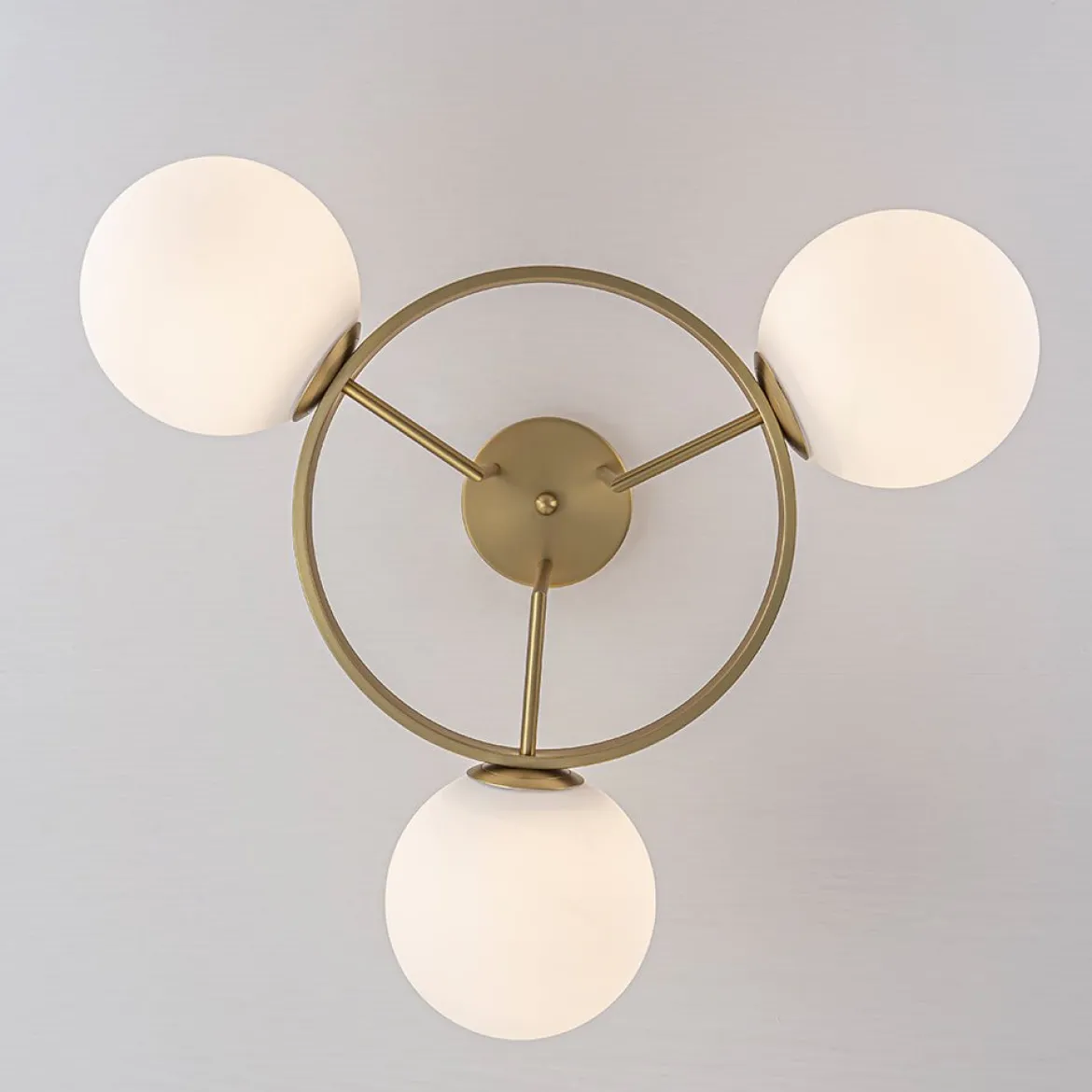 3-Light Brass Opal Glass Globe Round Ring Semi Flush Mount