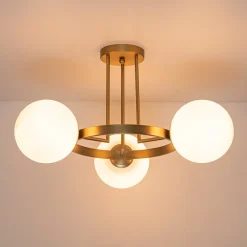 3-Light Brass Opal Glass Globe Round Ring Semi Flush Mount