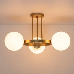 3-Light Brass Opal Glass Globe Round Ring Semi Flush Mount