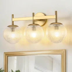 3-Light Brass Ribbed Glass Globe Vanity Wall Sconce