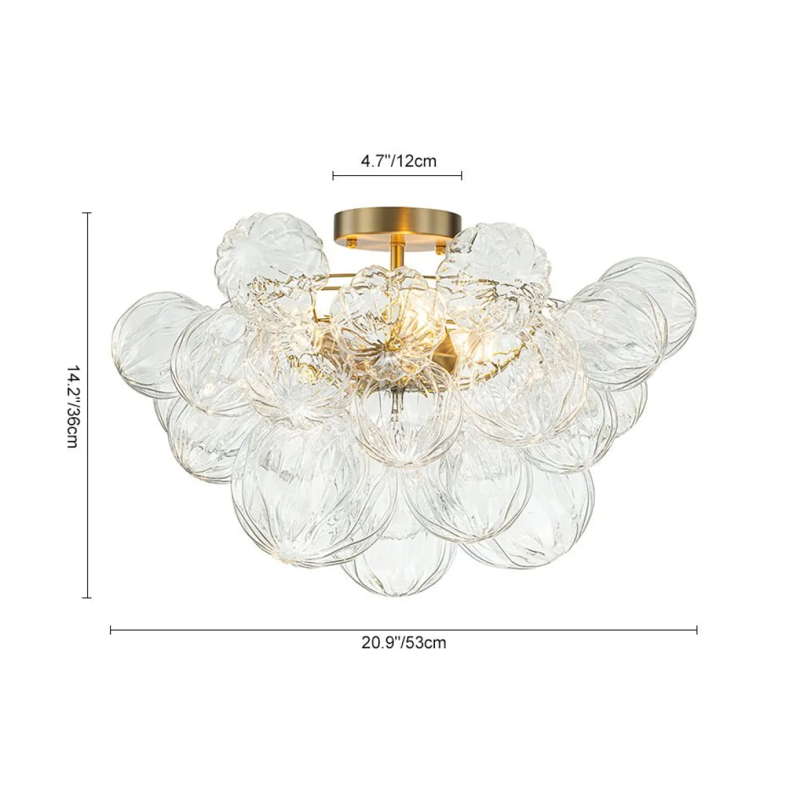 3-Light Brass Sculpture Glass Globe Bubble Semi Flush Chandelier