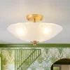 3-Light Brass Textured Glass Bowl Round Semi Flush Mount