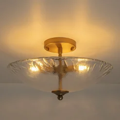 3-Light Brass Textured Glass Bowl Round Semi Flush Mount