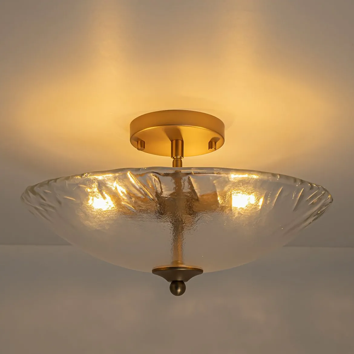 3-Light Brass Textured Glass Bowl Round Semi Flush Mount