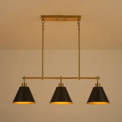 3-Light Brushed Gold Black Cone Island Chandelier