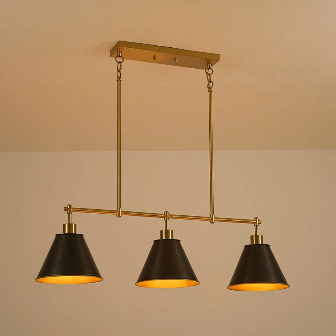 3-Light Brushed Gold Black Cone Island Chandelier
