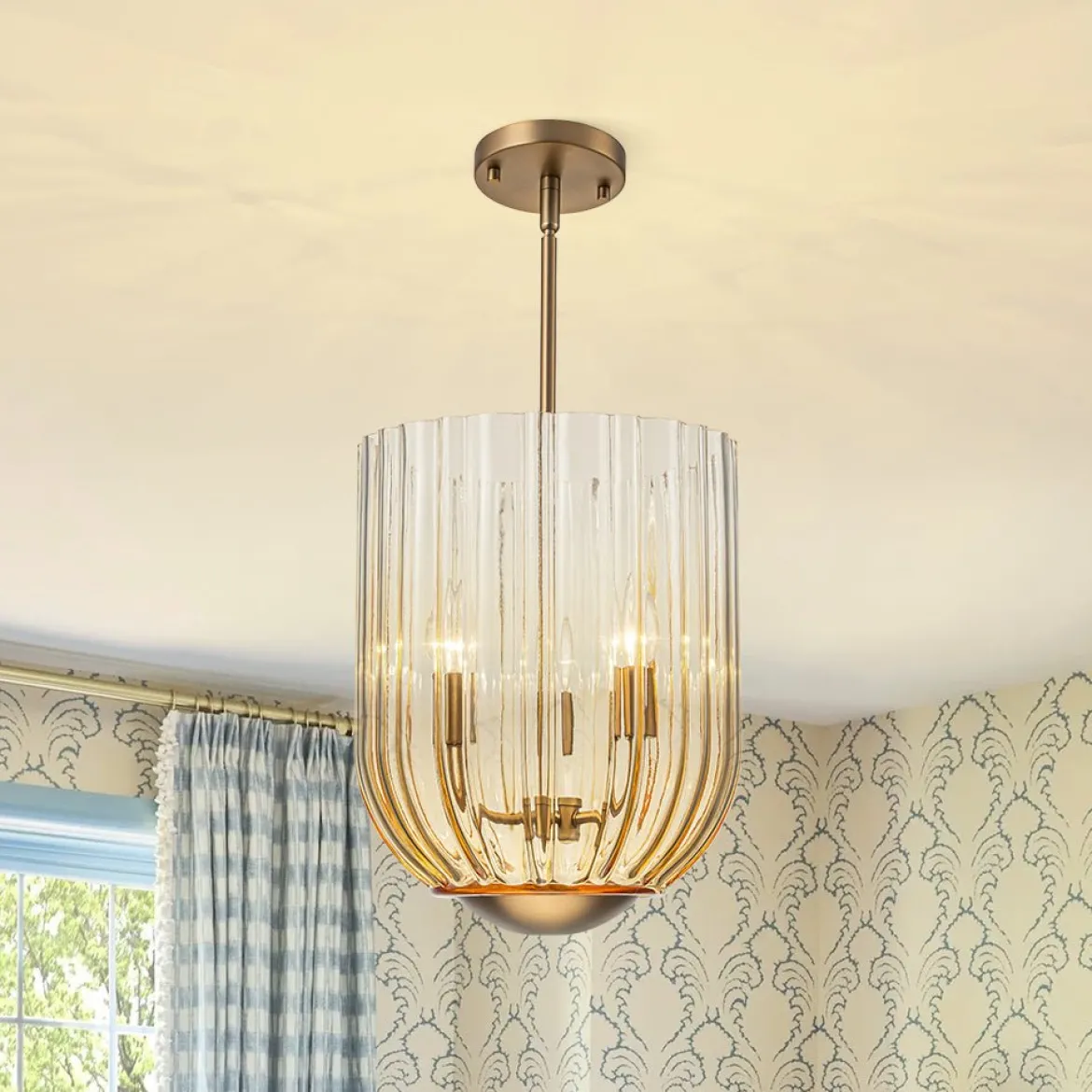 3-Light Candle Style Bell Ribbed Tinted Glass Ceiling Pendant