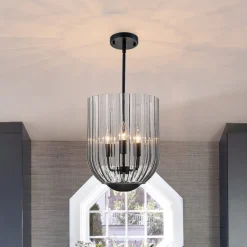 3-Light Candle Style Bell Ribbed Tinted Glass Ceiling Pendant