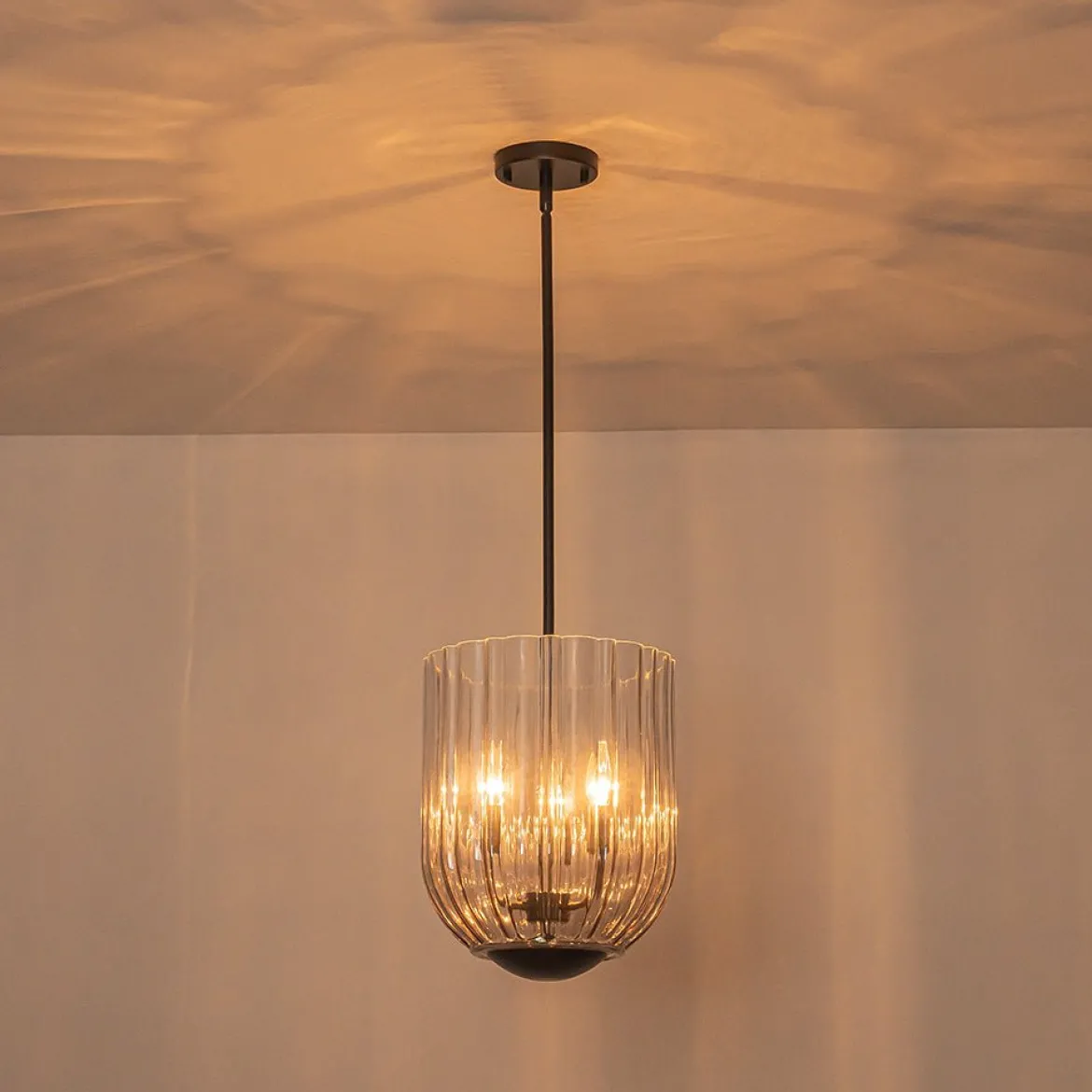 3-Light Candle Style Bell Ribbed Tinted Glass Ceiling Pendant