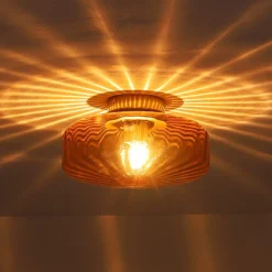 1-Light Caramel Amber Ribbed Glass Round Semi Flush Mount