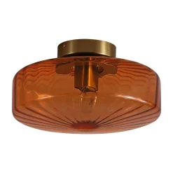 1-Light Caramel Amber Ribbed Glass Round Semi Flush Mount
