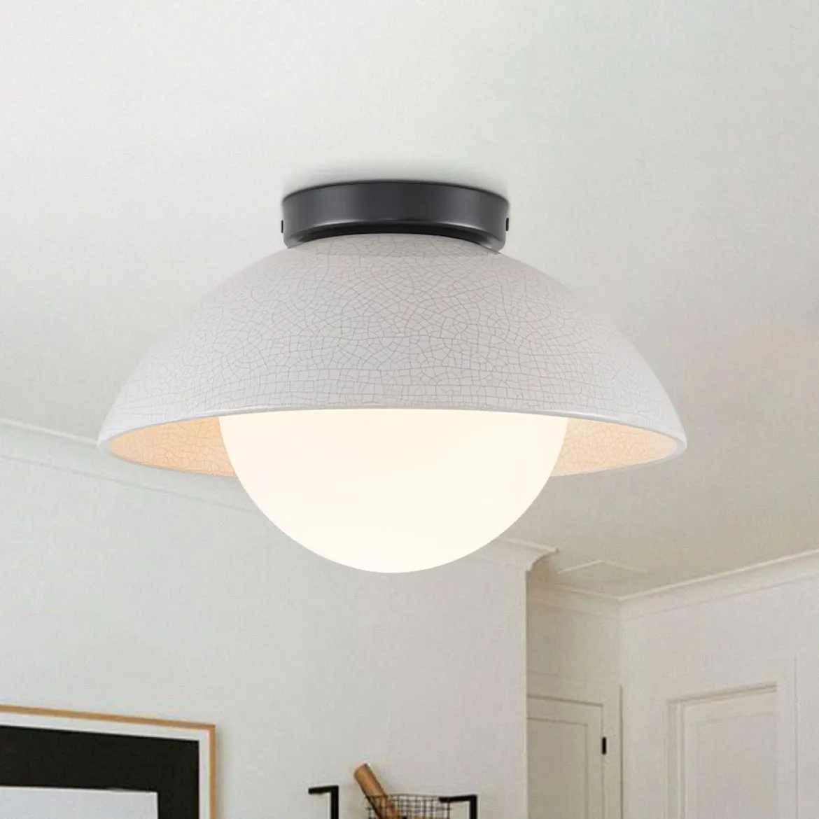 1-Light Ceramic Dome Frosted Shade Semi Flush Mount