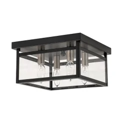 4-Light Clear Glass Black Square Cage Flush Mount Ceiling Light