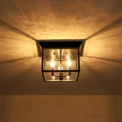 3-Light Clear Seeded Glass Black Square Cage Ceiling Light