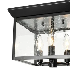 3-Light Clear Seeded Glass Black Square Cage Ceiling Light