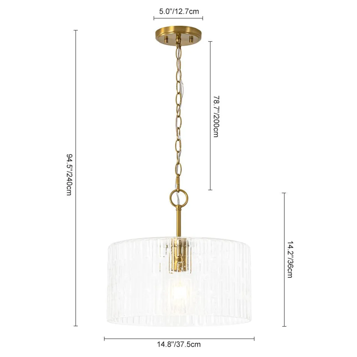 1-Light Clear Striped Glass Drum Semi Flush / Round Cage Pendant