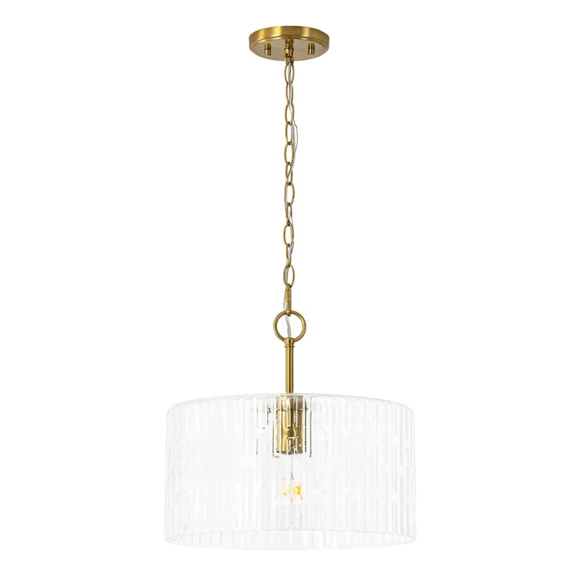 1-Light Clear Striped Glass Drum Semi Flush / Round Cage Pendant